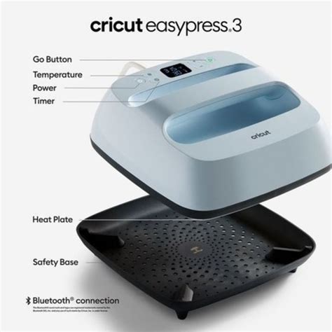 2009146 - Cricut EasyPress 3 9X9 (Zen Blue); 9 in x 9 in (22.5 cm x 22.5 cm) size ideal for basic T-shirts, tote bags, pillows, aprons, and more; Connects to Cricut Heat™ app via Bluetooth® connection; Precise temperature control up to 400℉ (205°C); Advanced heat plate design with ceramic-coated surface; Compatible with major brands of iron-on (HTV), Infusible Ink™ and sublimation products
